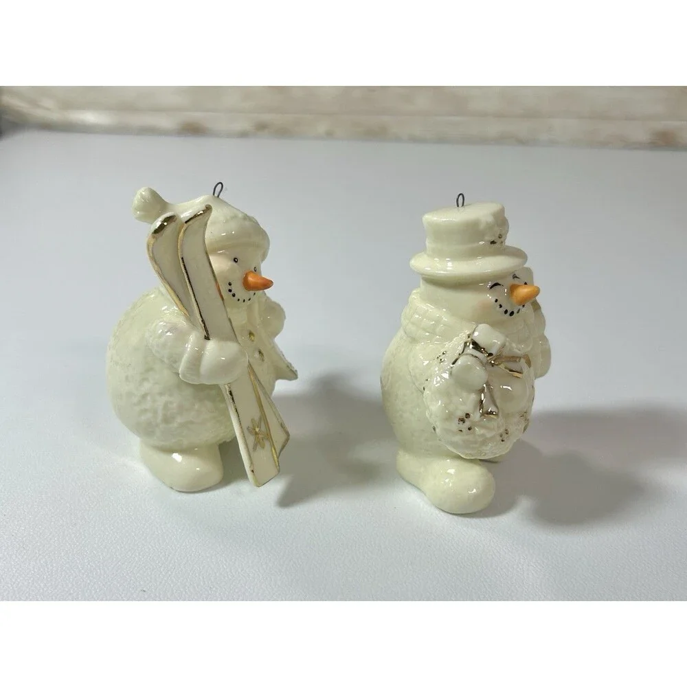 Vtg Porcelain Jade Snowman Ornaments Set Of 2 Ski Broom White Gold Color Accent